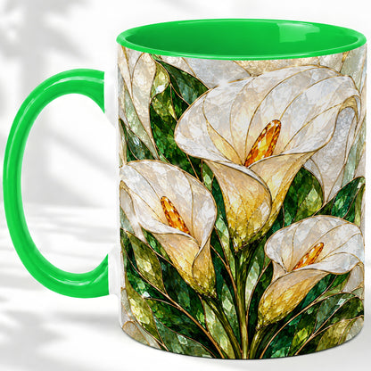 #pl[11oz|Green] Calla Lily Floral Ceramic Mug, Stained Glass Style Botanical Art