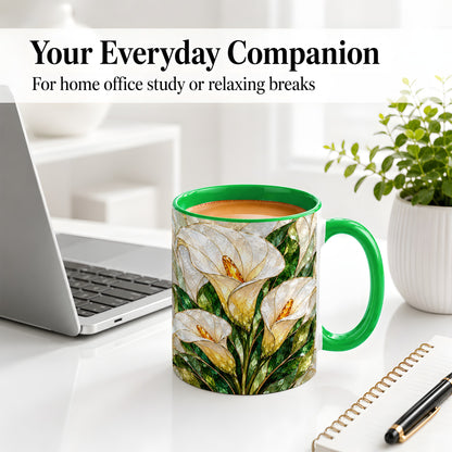 #pl[11oz|Green] Calla Lily Floral Ceramic Mug, Stained Glass Style Botanical Art
