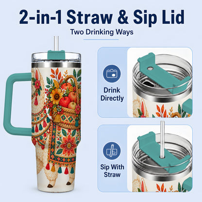 #pl[40oz|Green] Autumn Llama Apple Basket 40oz Tumbler, Large Drinkware for Animal Fans