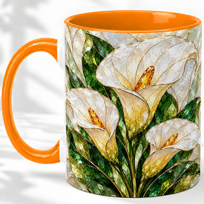 #pl[11oz|Orange] Calla Lily Floral Ceramic Mug, Stained Glass Style Botanical Art