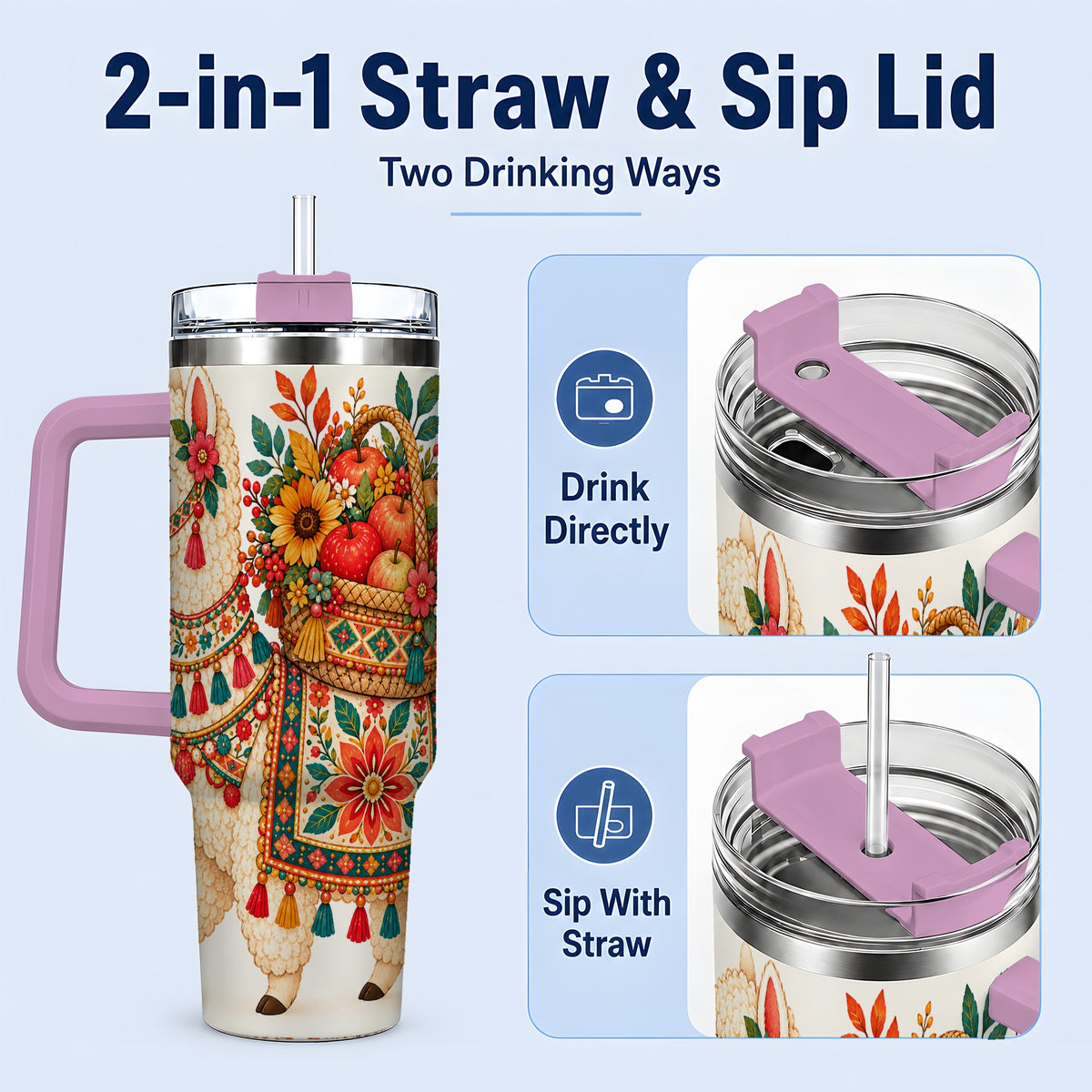 #pl[40oz|Pink] Autumn Llama Apple Basket 40oz Tumbler, Large Drinkware for Animal Fans
