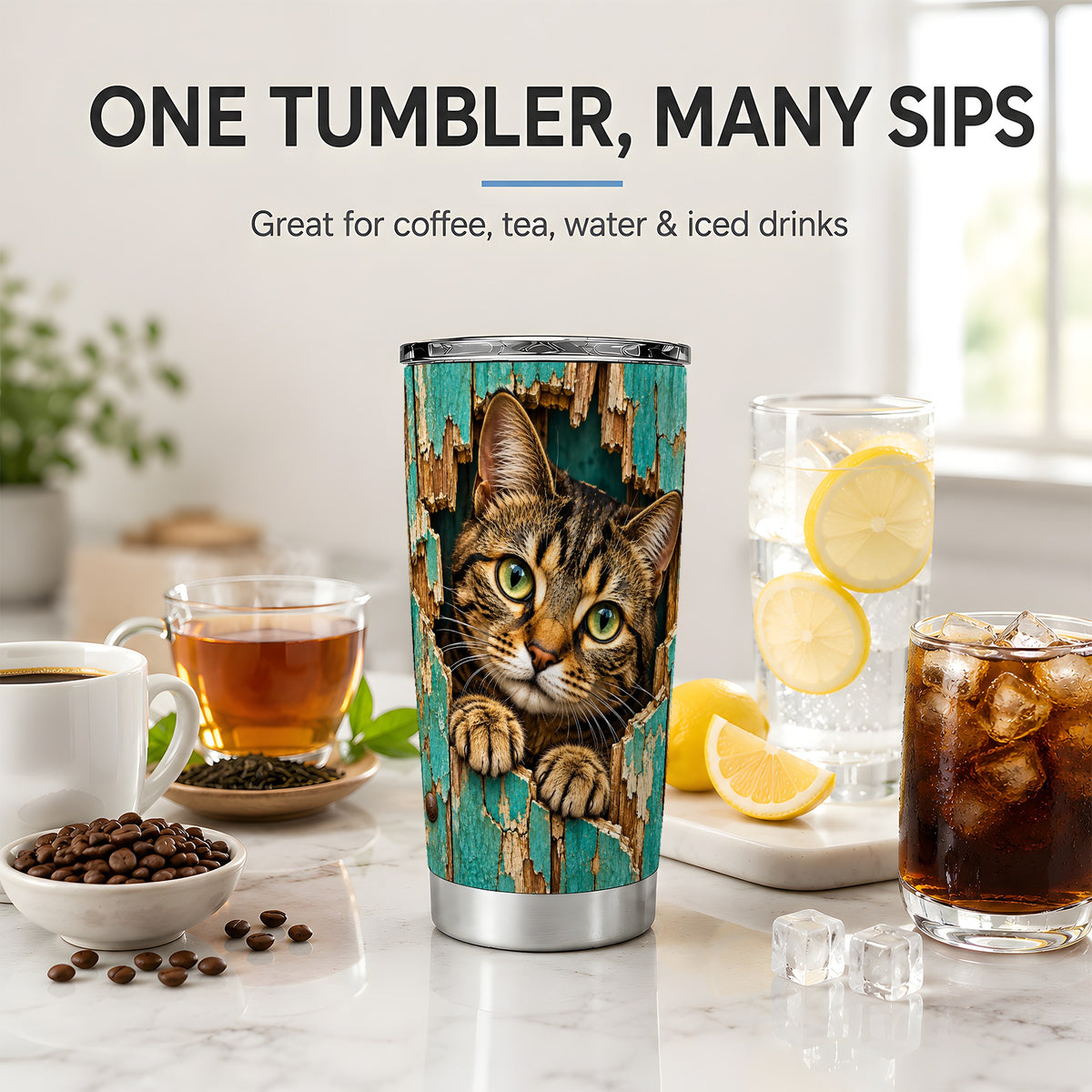 Rustic Tabby Cat 20oz Tumbler, Drinkware for Cat Lovers