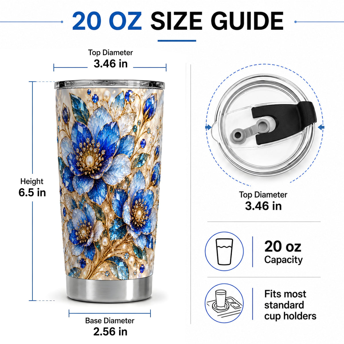 #pl[20oz|Steel] Blue Floral Art 20oz Tumbler, Drinkware for Flower Lovers