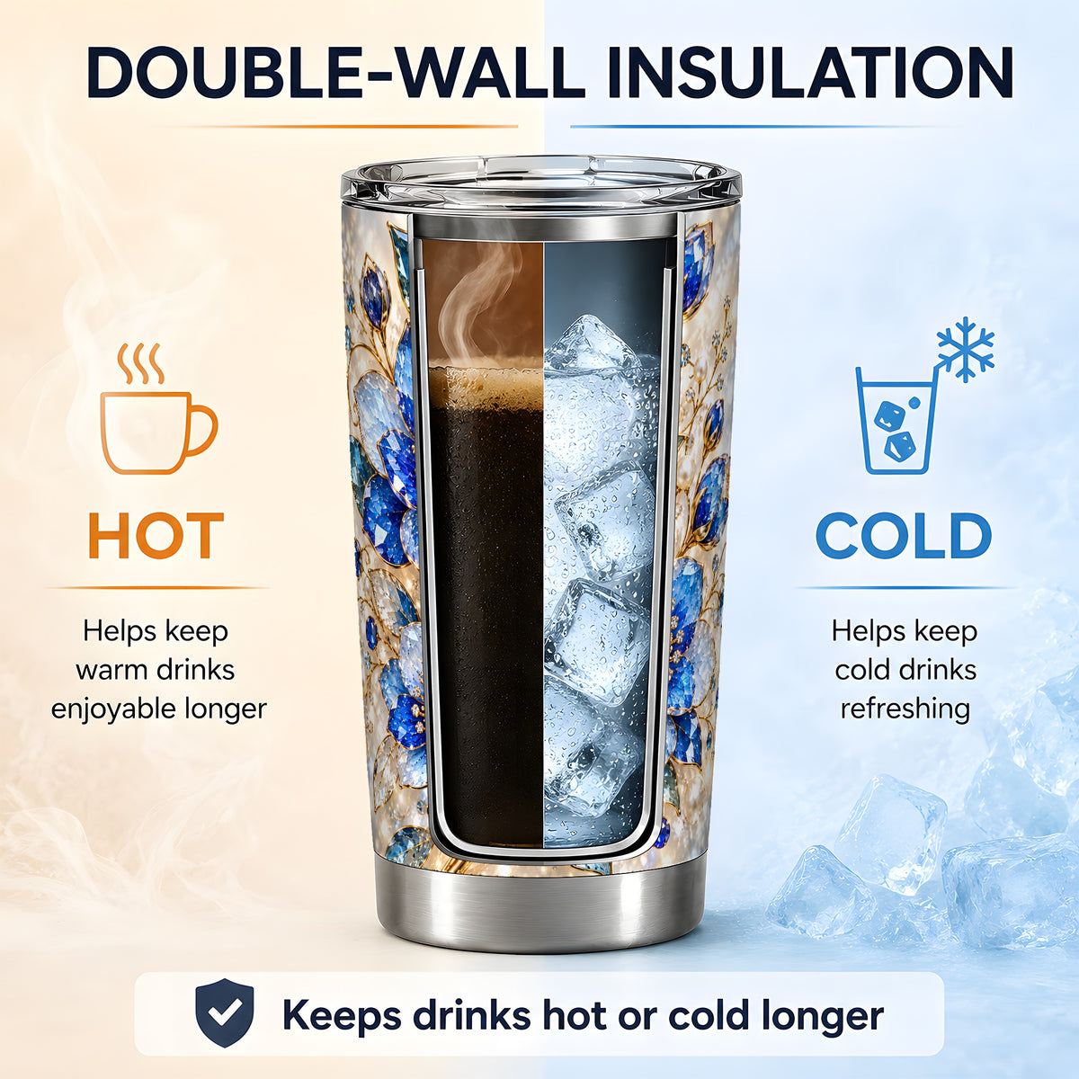 Blue Floral Art 20oz Tumbler, Drinkware for Flower Lovers