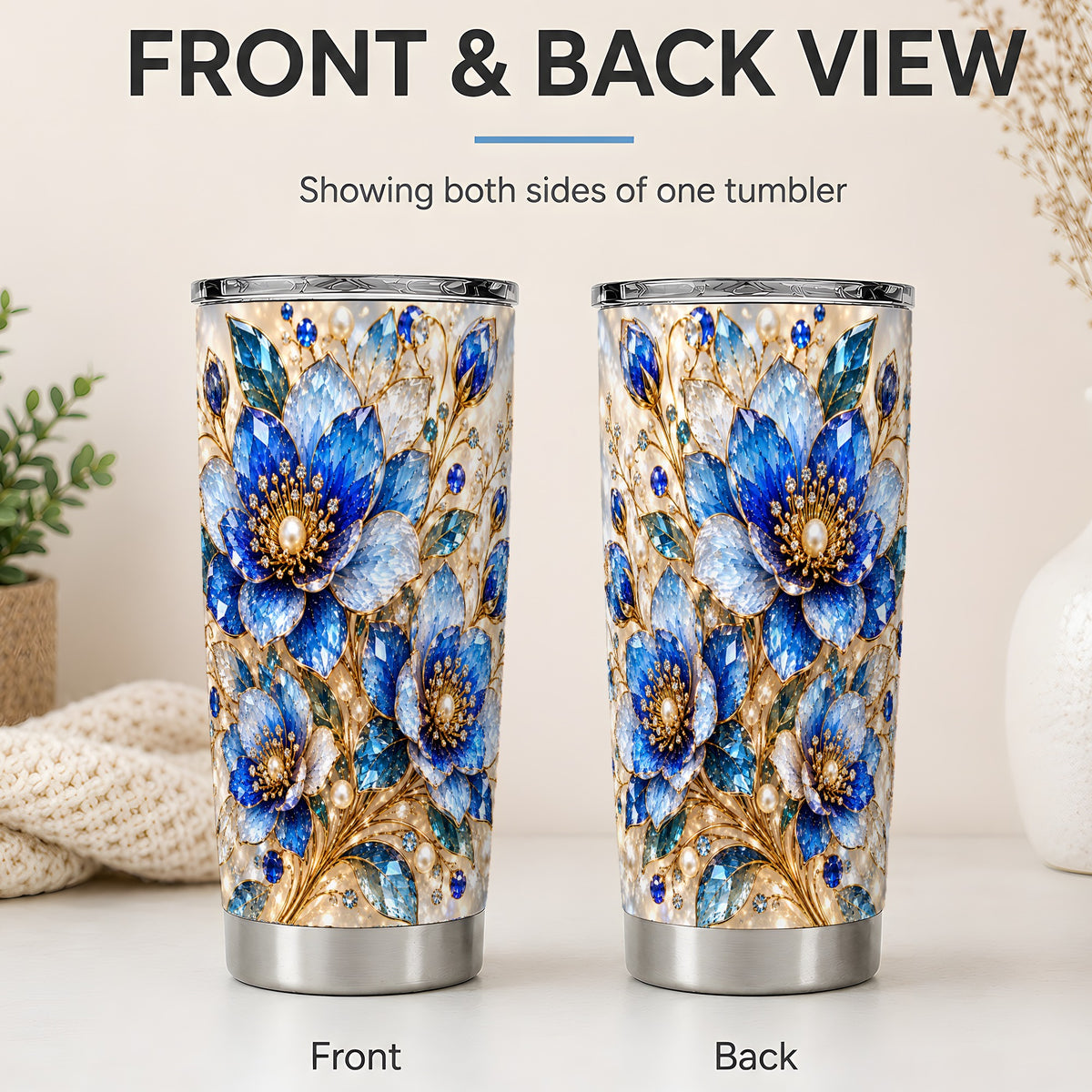 #pl[20oz|Steel] Blue Floral Art 20oz Tumbler, Drinkware for Flower Lovers