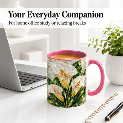 #pl[11oz|Pink] Calla Lily Floral Ceramic Mug, Stained Glass Style Botanical Art
