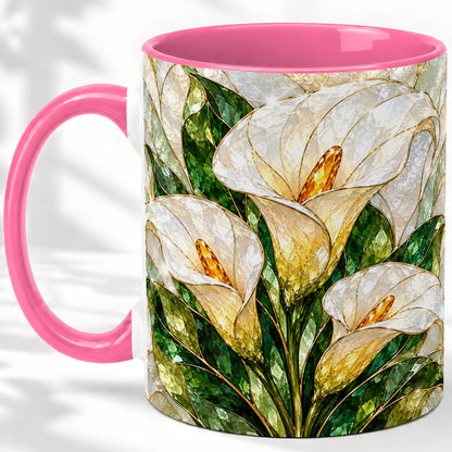 #pl[11oz|Pink] Calla Lily Floral Ceramic Mug, Stained Glass Style Botanical Art
