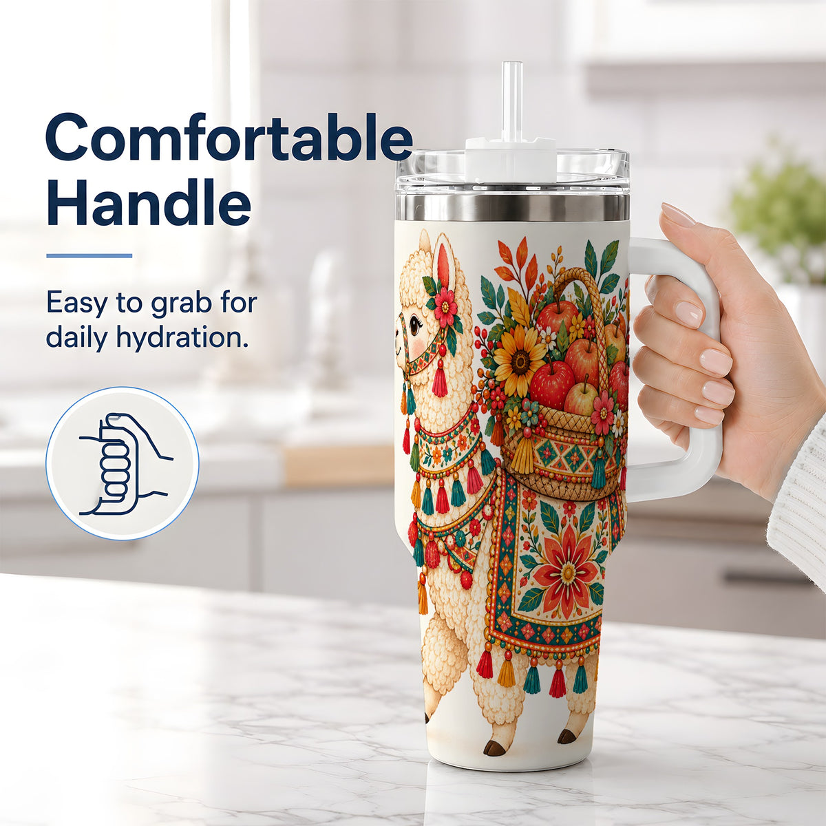 #pl[40oz|White] Autumn Llama Apple Basket 40oz Tumbler, Large Drinkware for Animal Fans