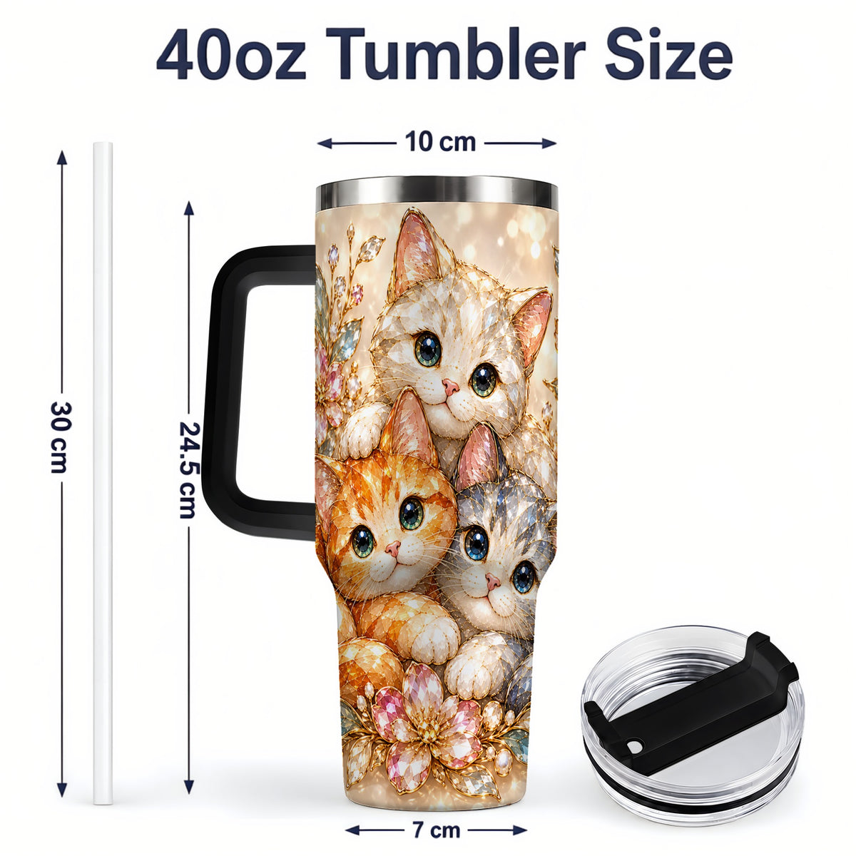 #pl[40oz|Black] Faceted Cat Floral 40oz Tumbler, Large Decorative Drinkware for Cat Lovers