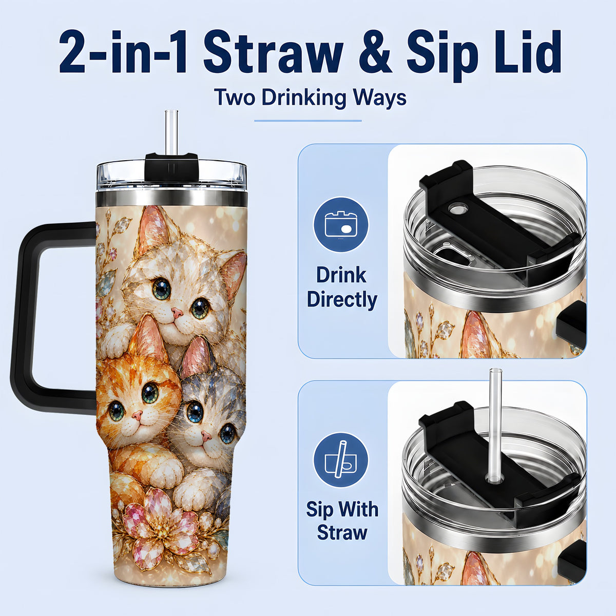 #pl[40oz|Black] Faceted Cat Floral 40oz Tumbler, Large Decorative Drinkware for Cat Lovers