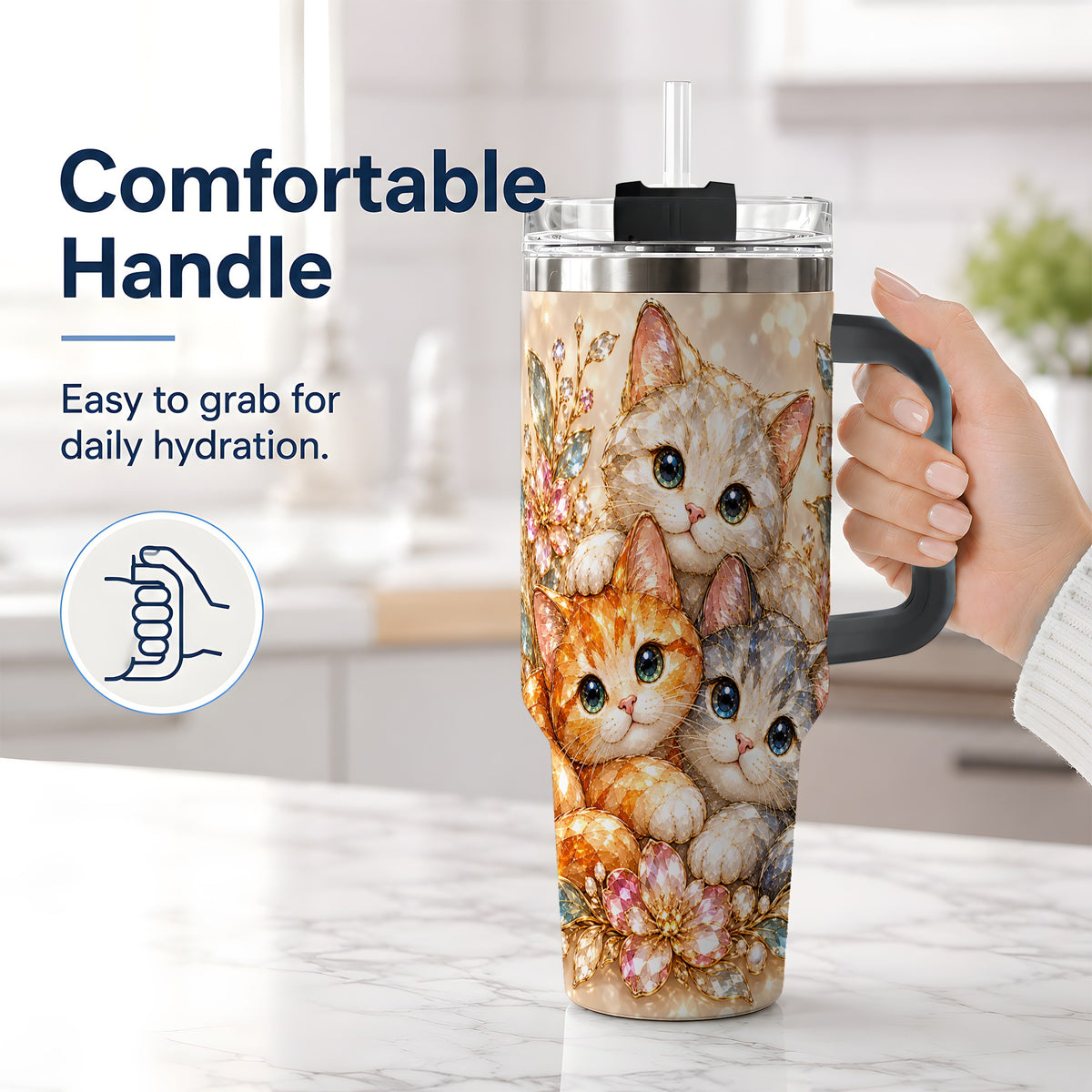 #pl[40oz|Black] Faceted Cat Floral 40oz Tumbler, Large Decorative Drinkware for Cat Lovers