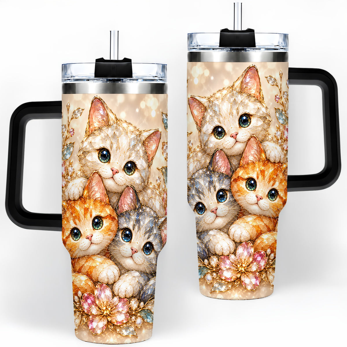 #pl[40oz|Black] Faceted Cat Floral 40oz Tumbler, Large Decorative Drinkware for Cat Lovers
