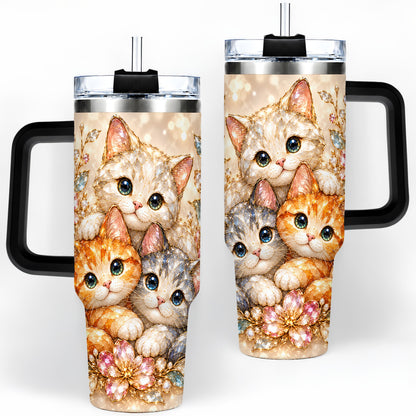 #pl[40oz|Black] Faceted Cat Floral 40oz Tumbler, Large Decorative Drinkware for Cat Lovers
