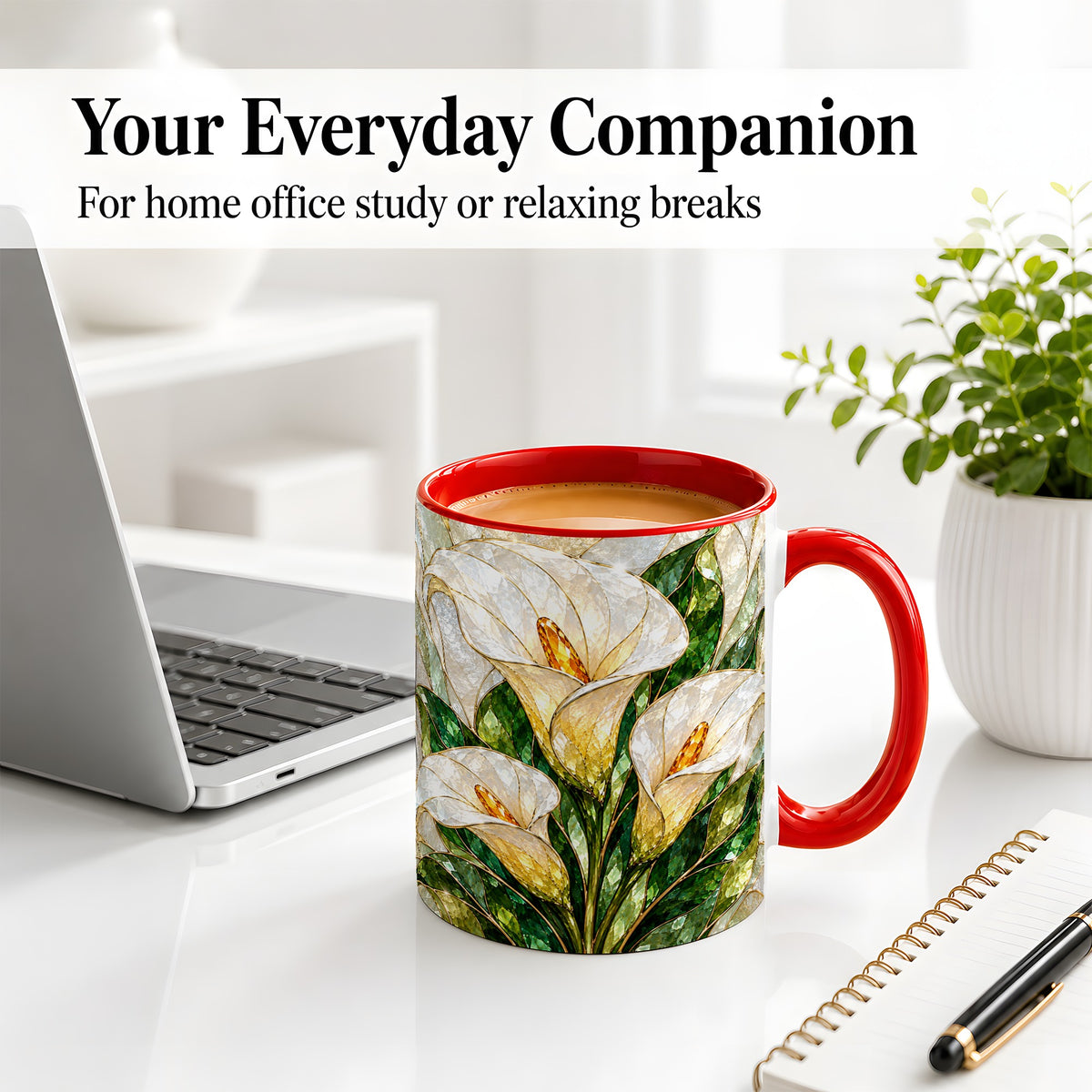 #pl[11oz|Red] Calla Lily Floral Ceramic Mug, Stained Glass Style Botanical Art
