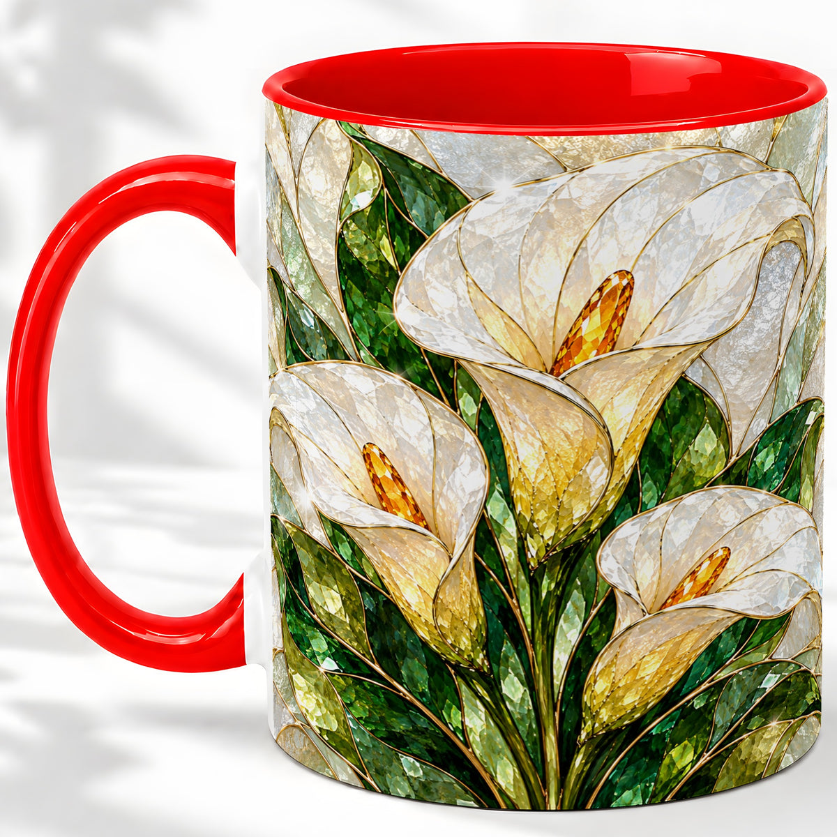 Calla Lily Floral Ceramic Mug, Stained Glass Style Botanical Art