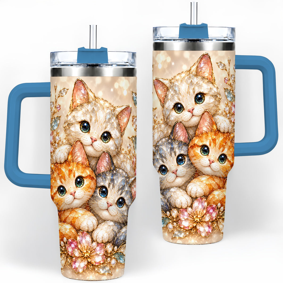 #pl[40oz|Blue] Faceted Cat Floral 40oz Tumbler, Large Decorative Drinkware for Cat Lovers