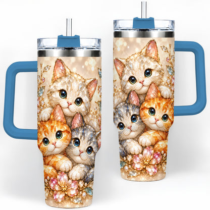 #pl[40oz|Blue] Faceted Cat Floral 40oz Tumbler, Large Decorative Drinkware for Cat Lovers