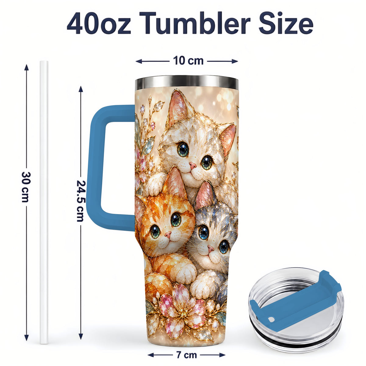 #pl[40oz|Blue] Faceted Cat Floral 40oz Tumbler, Large Decorative Drinkware for Cat Lovers