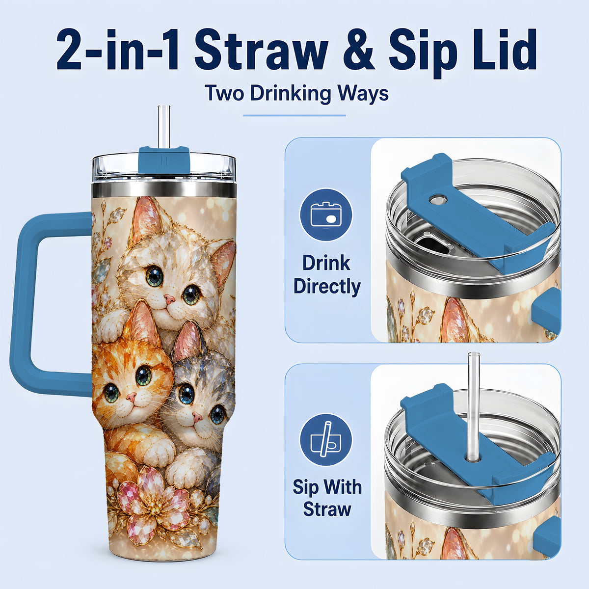 #pl[40oz|Blue] Faceted Cat Floral 40oz Tumbler, Large Decorative Drinkware for Cat Lovers