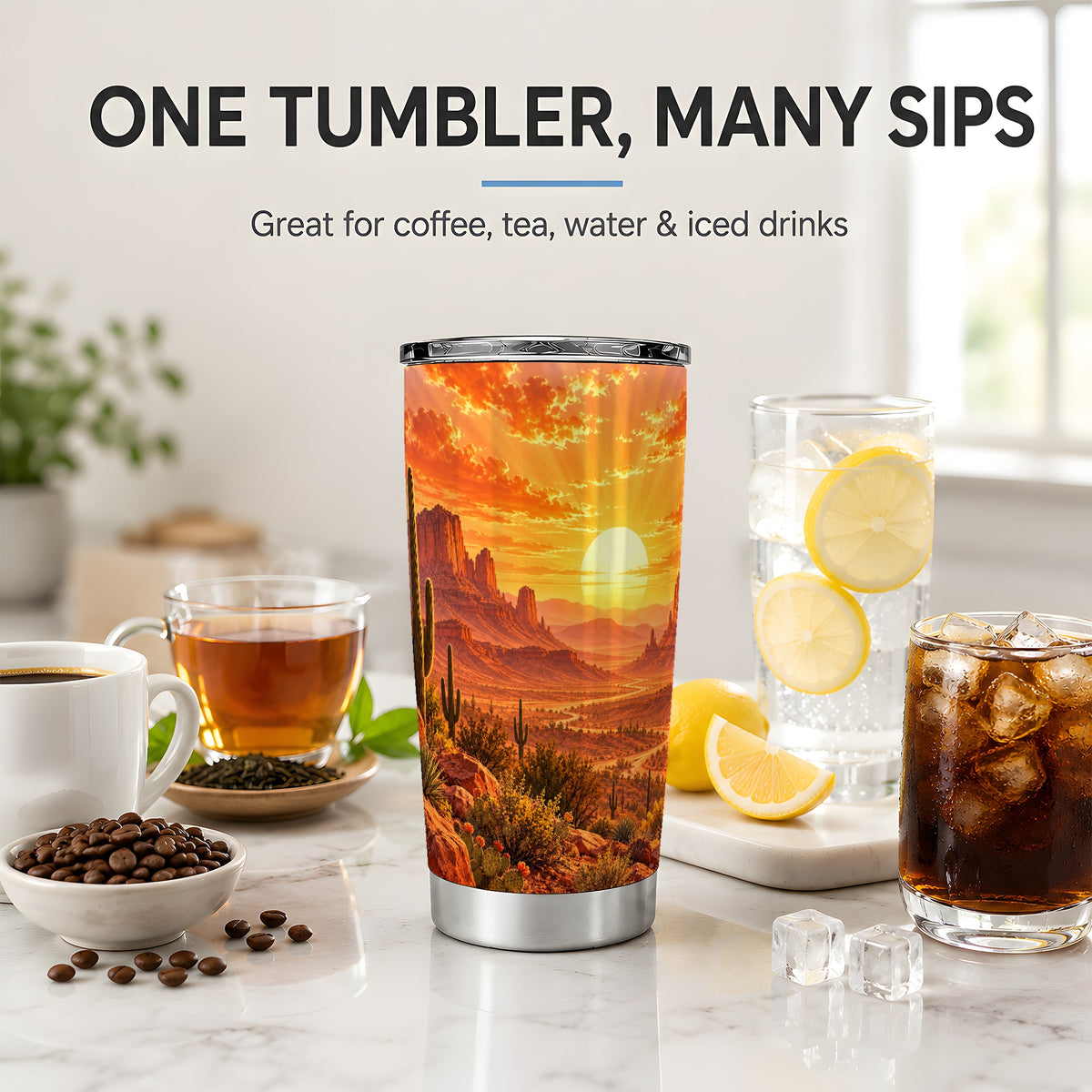 Desert Sunset Tumbler, 20oz Tumbler with Cactus Landscape Artwork