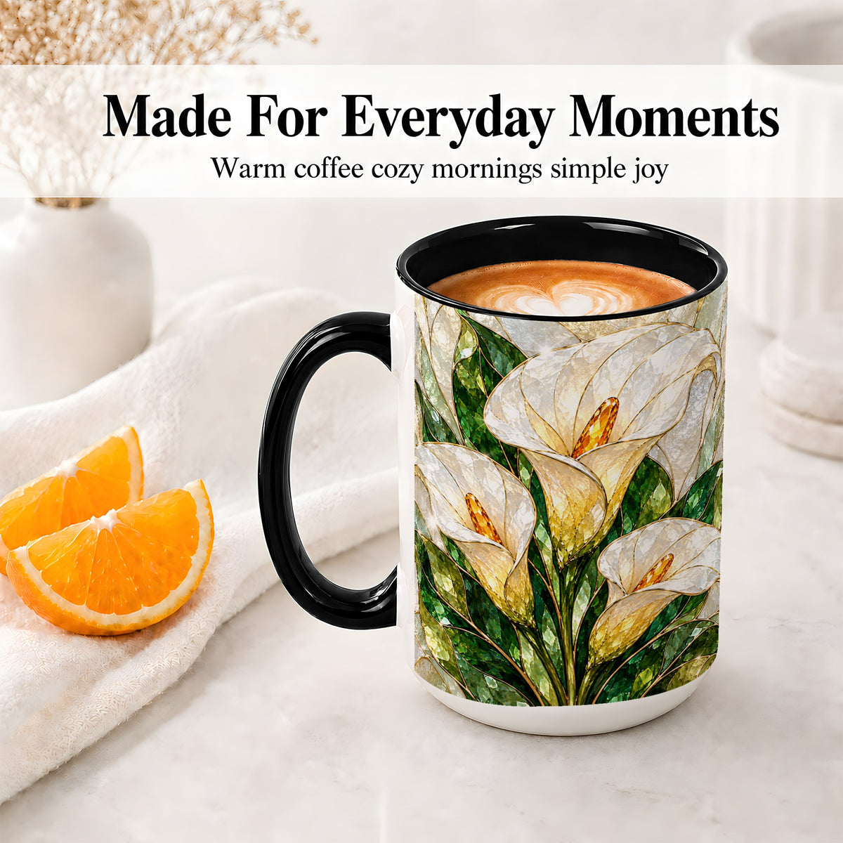 #pl[15oz|Black] Calla Lily Floral Ceramic Mug, Stained Glass Style Botanical Art