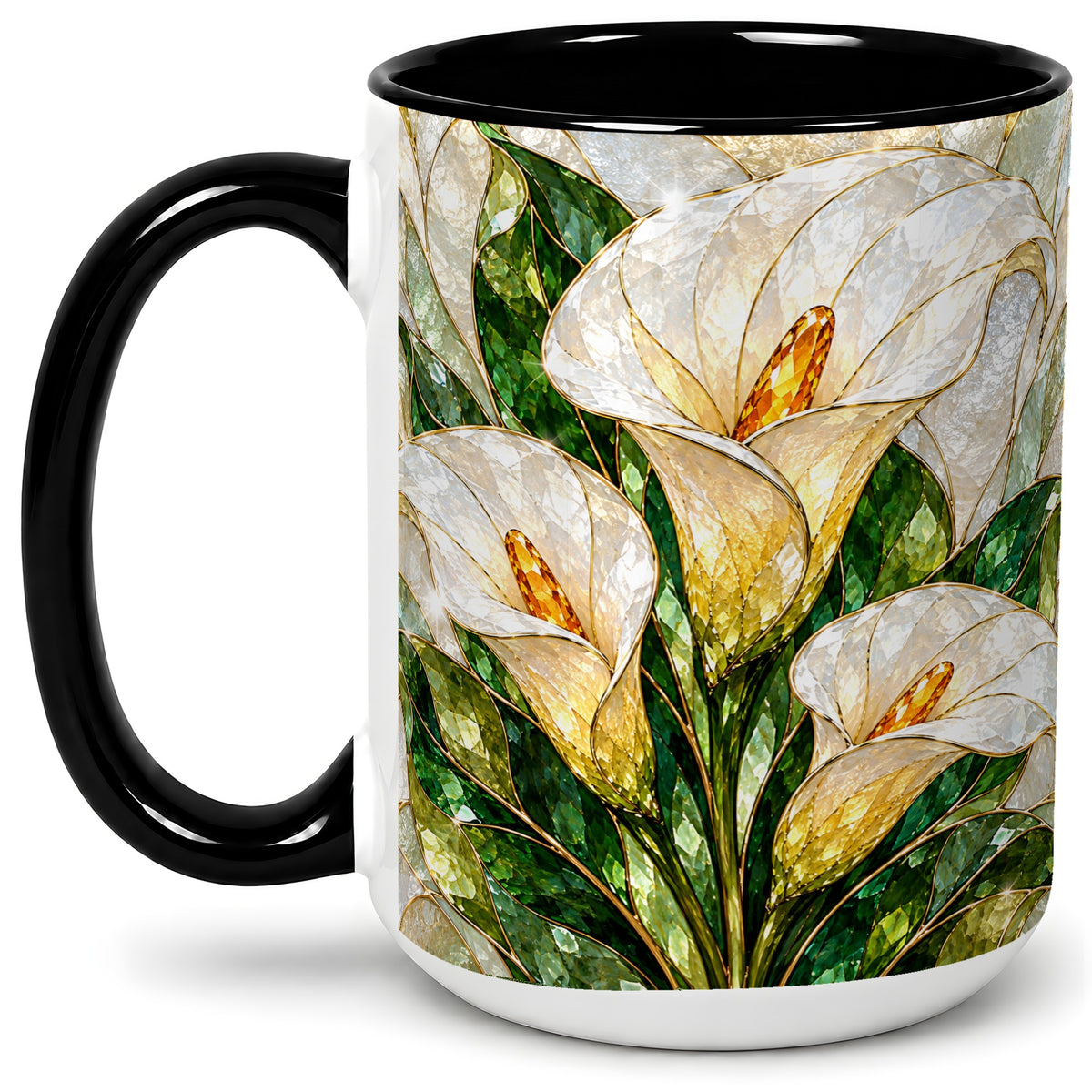#pl[15oz|Black] Calla Lily Floral Ceramic Mug, Stained Glass Style Botanical Art