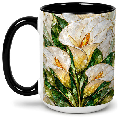 #pl[15oz|Black] Calla Lily Floral Ceramic Mug, Stained Glass Style Botanical Art