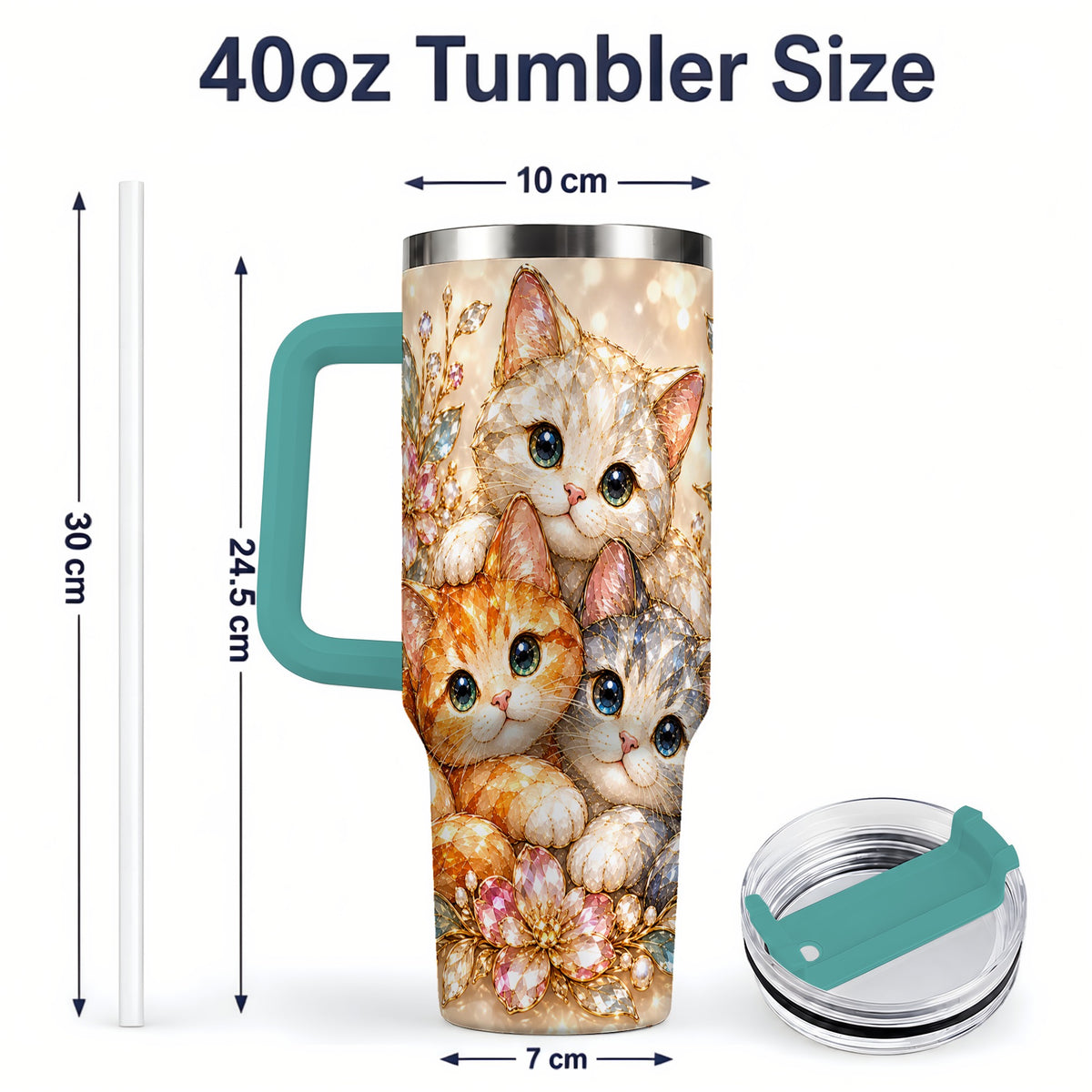 #pl[40oz|Green] Faceted Cat Floral 40oz Tumbler, Large Decorative Drinkware for Cat Lovers