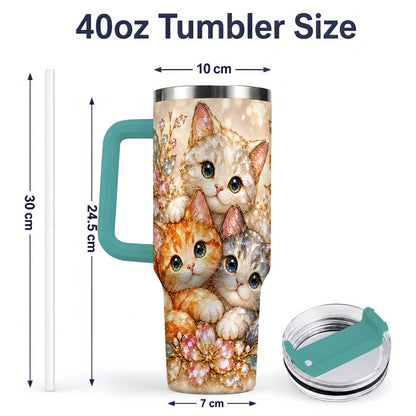 #pl[40oz|Green] Faceted Cat Floral 40oz Tumbler, Large Decorative Drinkware for Cat Lovers