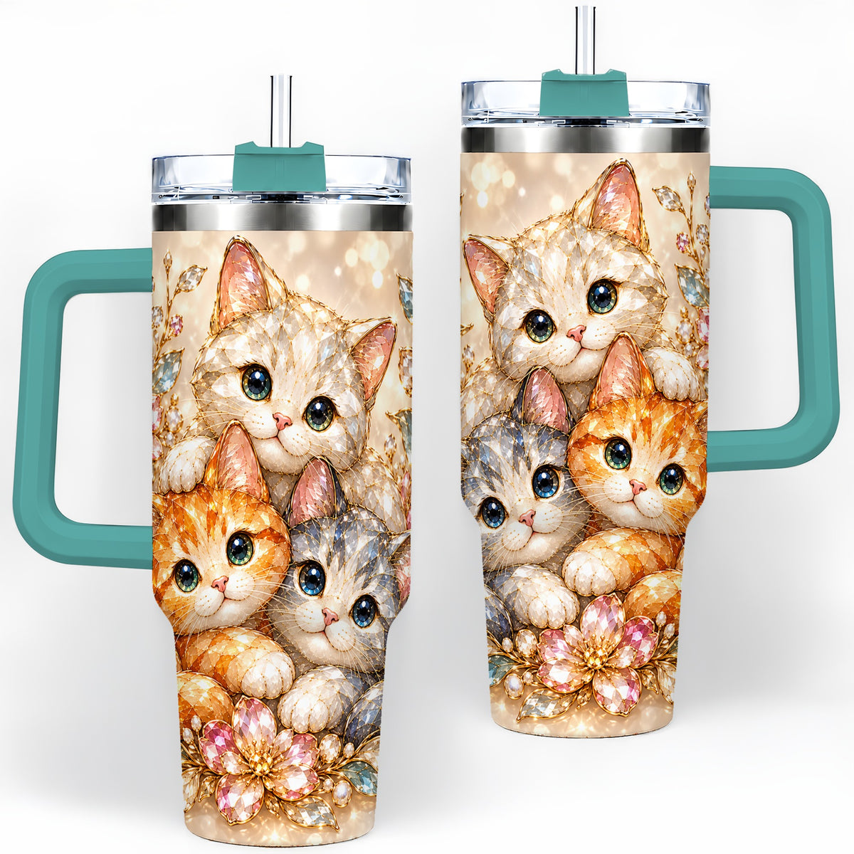 #pl[40oz|Green] Faceted Cat Floral 40oz Tumbler, Large Decorative Drinkware for Cat Lovers