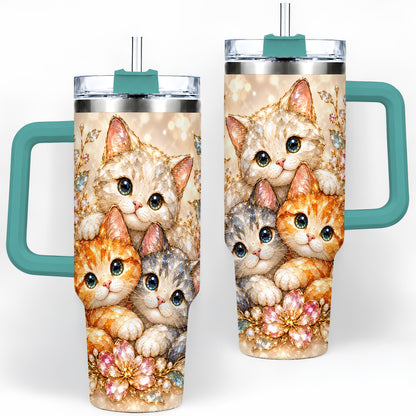 #pl[40oz|Green] Faceted Cat Floral 40oz Tumbler, Large Decorative Drinkware for Cat Lovers