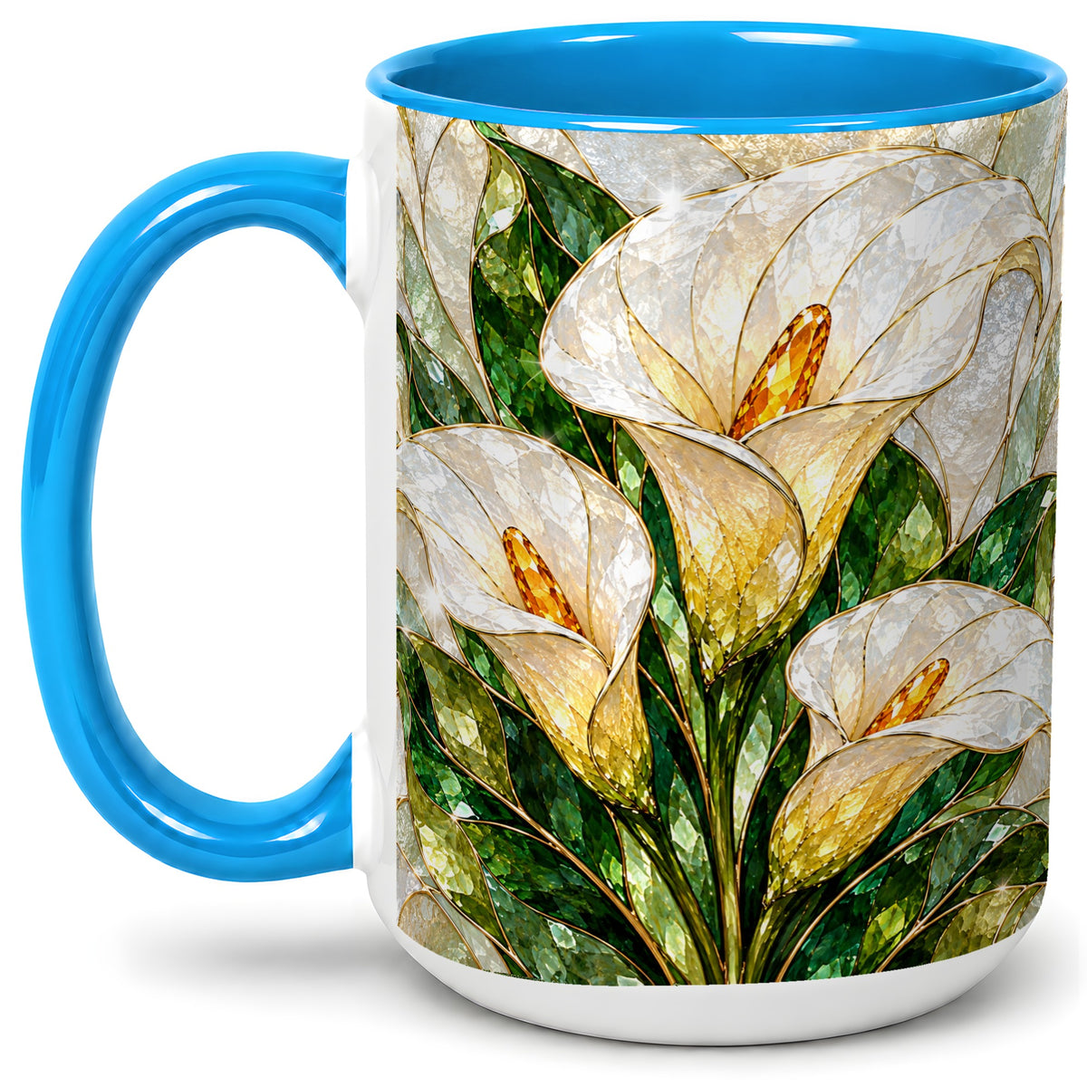 #pl[15oz|Blue] Calla Lily Floral Ceramic Mug, Stained Glass Style Botanical Art