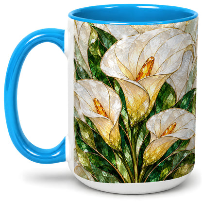 #pl[15oz|Blue] Calla Lily Floral Ceramic Mug, Stained Glass Style Botanical Art