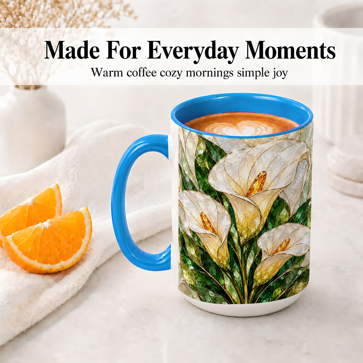 #pl[15oz|Blue] Calla Lily Floral Ceramic Mug, Stained Glass Style Botanical Art