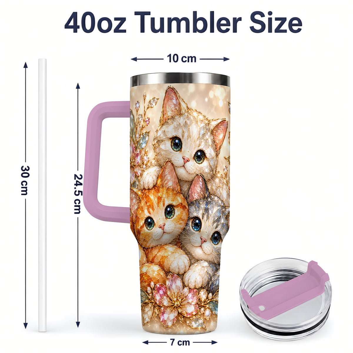 #pl[40oz|Pink] Faceted Cat Floral 40oz Tumbler, Large Decorative Drinkware for Cat Lovers