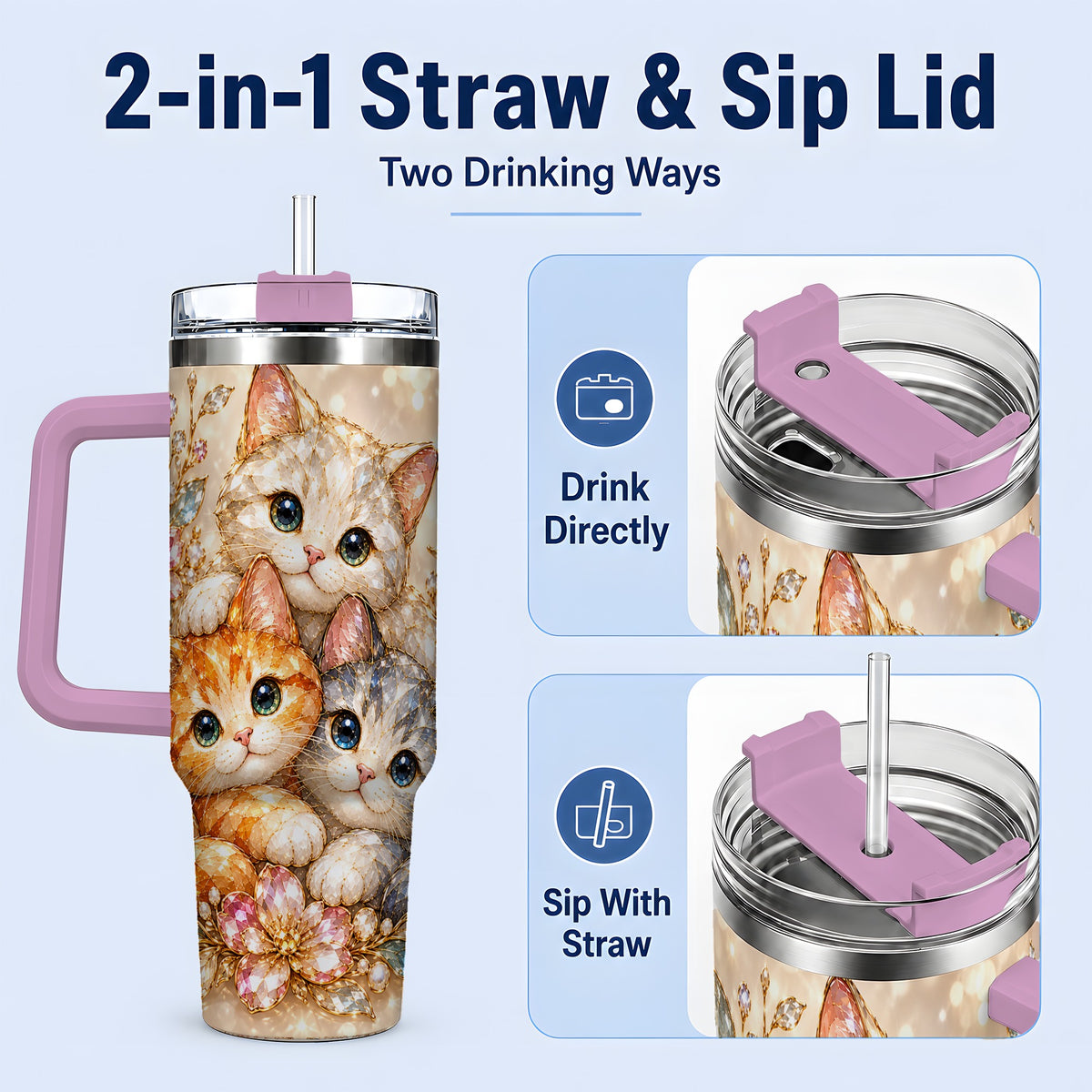 #pl[40oz|Pink] Faceted Cat Floral 40oz Tumbler, Large Decorative Drinkware for Cat Lovers