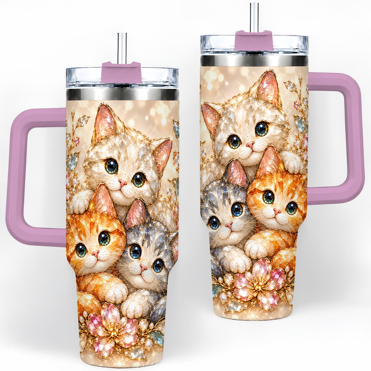 #pl[40oz|Pink] Faceted Cat Floral 40oz Tumbler, Large Decorative Drinkware for Cat Lovers
