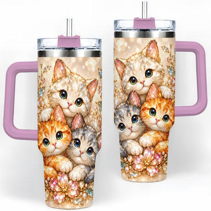 #pl[40oz|Pink] Faceted Cat Floral 40oz Tumbler, Large Decorative Drinkware for Cat Lovers
