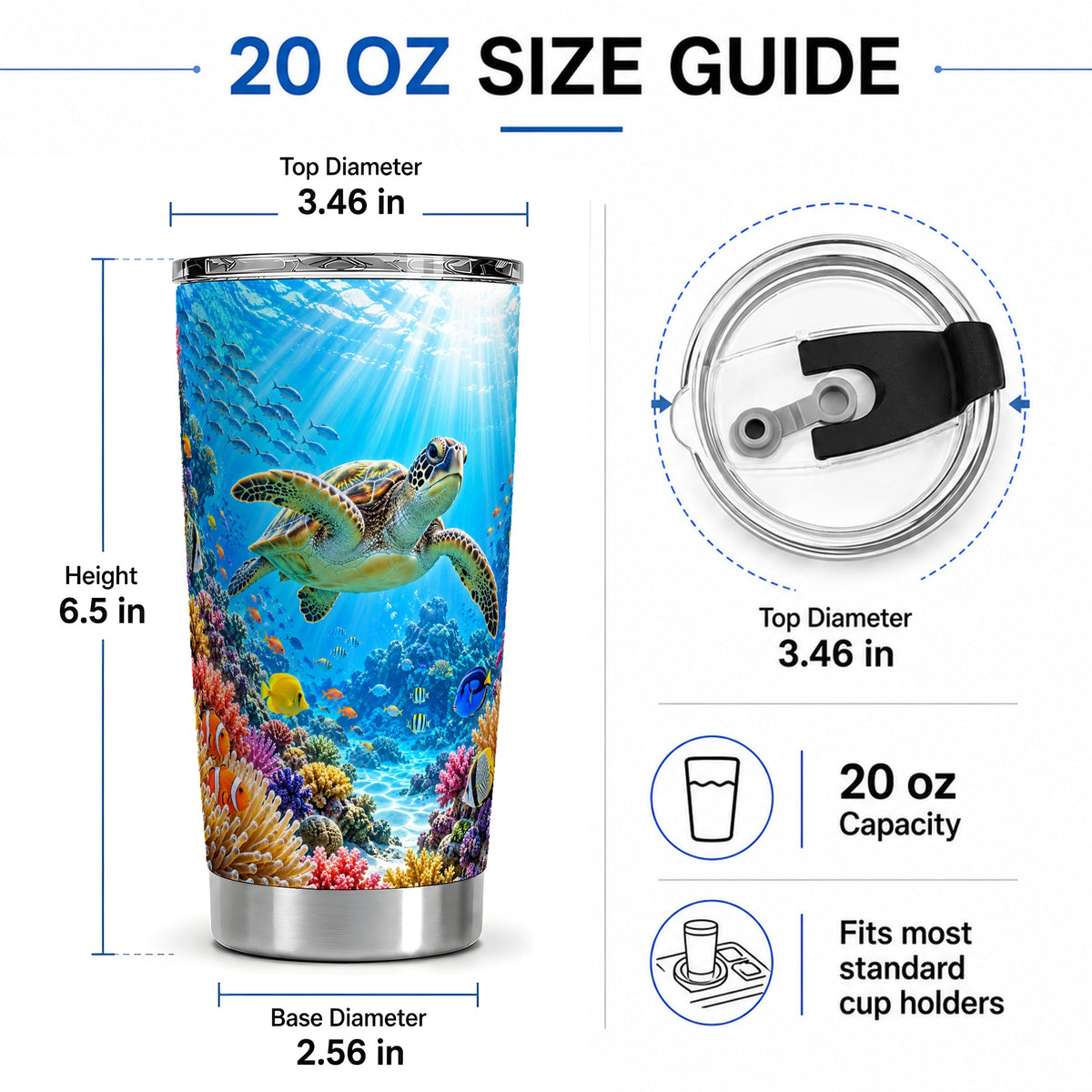 #pl[20oz|Steel] Sea Turtle Reef Tumbler, 20oz Tumbler with Colorful Coral Reef Art