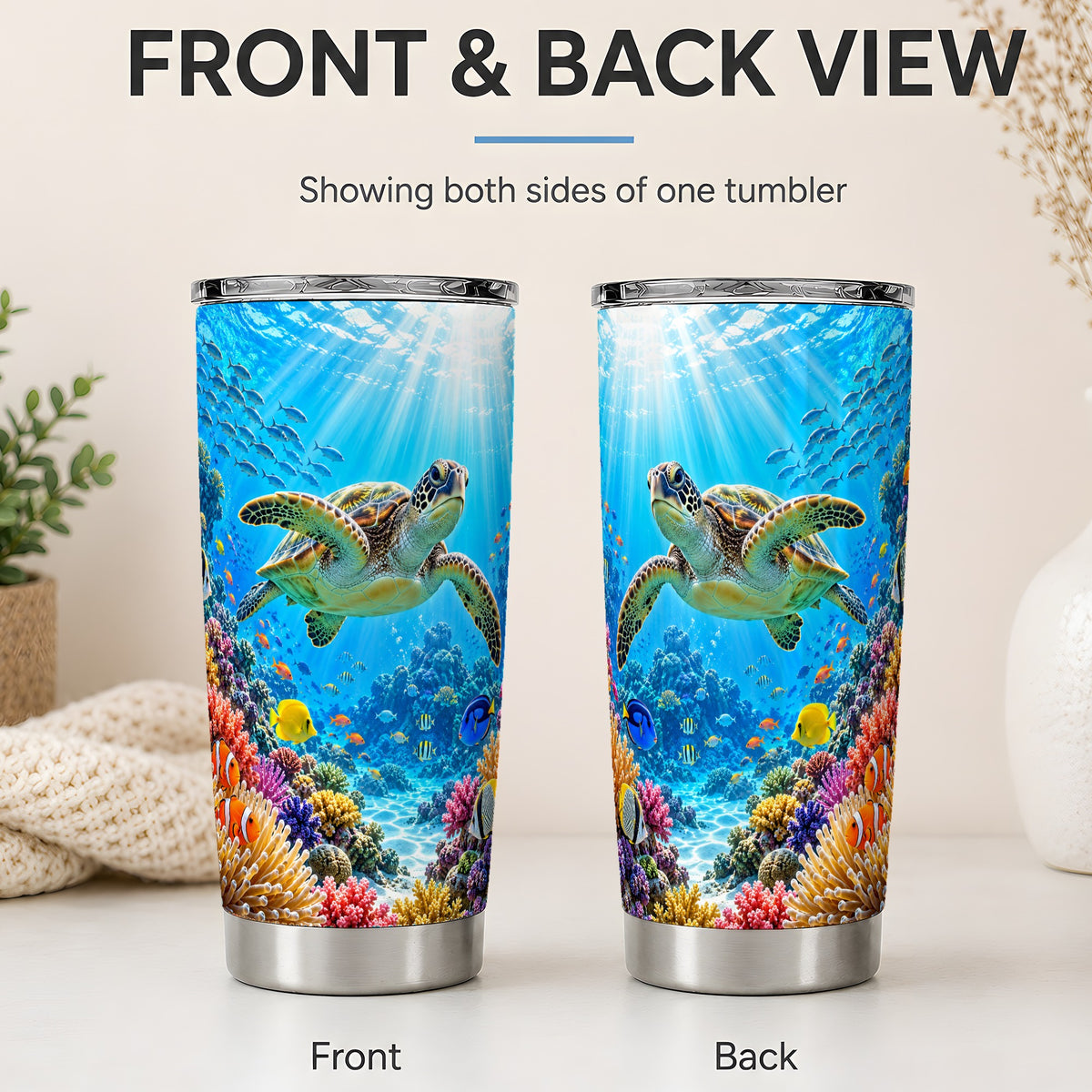 #pl[20oz|Steel] Sea Turtle Reef Tumbler, 20oz Tumbler with Colorful Coral Reef Art