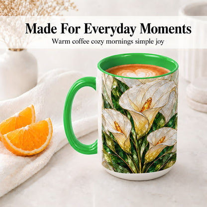 #pl[15oz|Green] Calla Lily Floral Ceramic Mug, Stained Glass Style Botanical Art