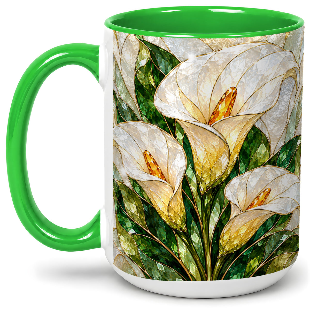 #pl[15oz|Green] Calla Lily Floral Ceramic Mug, Stained Glass Style Botanical Art