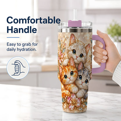 #pl[40oz|Pink] Faceted Cat Floral 40oz Tumbler, Large Decorative Drinkware for Cat Lovers
