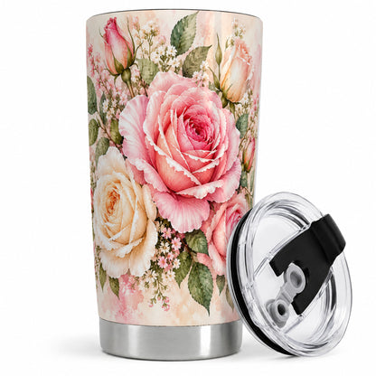 Pink Rose Floral Tumbler, 20oz Tumbler with Soft Watercolor Artwork