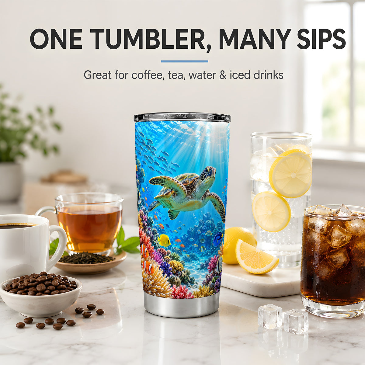 Sea Turtle Reef Tumbler, 20oz Tumbler with Colorful Coral Reef Art
