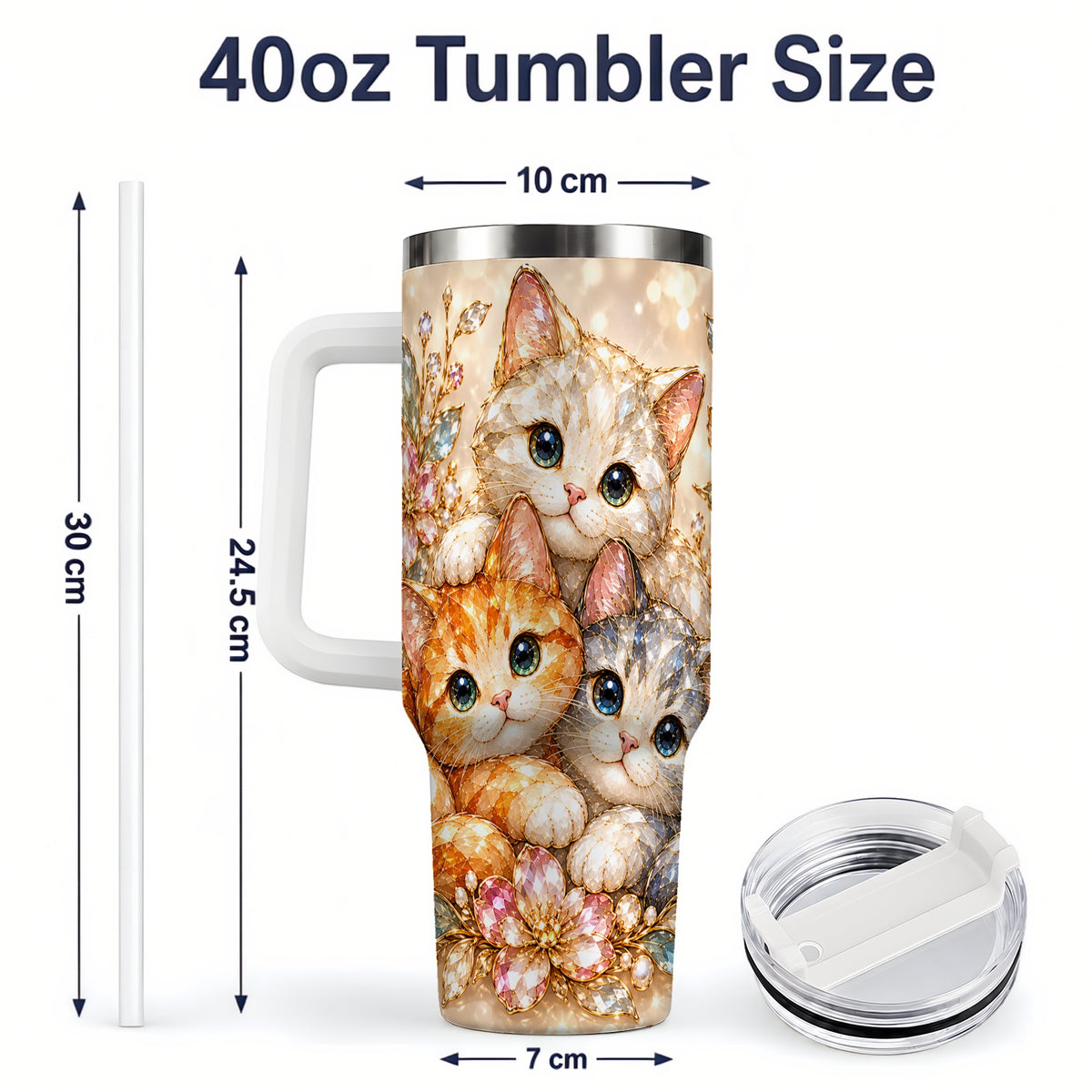 #pl[40oz|White] Faceted Cat Floral 40oz Tumbler, Large Decorative Drinkware for Cat Lovers