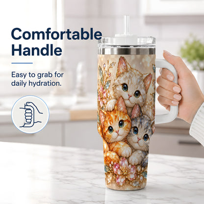 #pl[40oz|White] Faceted Cat Floral 40oz Tumbler, Large Decorative Drinkware for Cat Lovers
