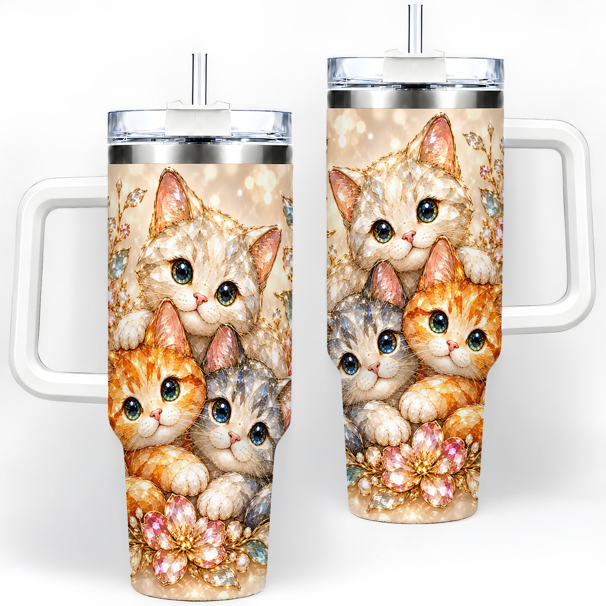 Faceted Cat Floral 40oz Tumbler, Large Decorative Drinkware for Cat Lovers
