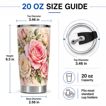 #pl[20oz|Steel] Pink Rose Floral Tumbler, 20oz Tumbler with Soft Watercolor Artwork