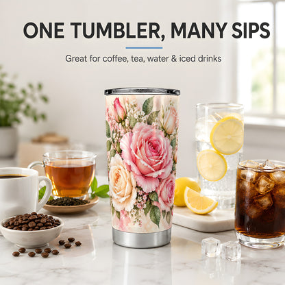 Pink Rose Floral Tumbler, 20oz Tumbler with Soft Watercolor Artwork
